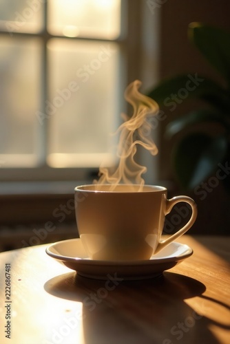 Gentle morning light illuminates a steaming mug of tea, creating soft shadows on the table , breakfast, image, sun