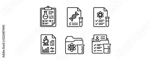 Set of scientific research and laboratory report document icons in thin line style.