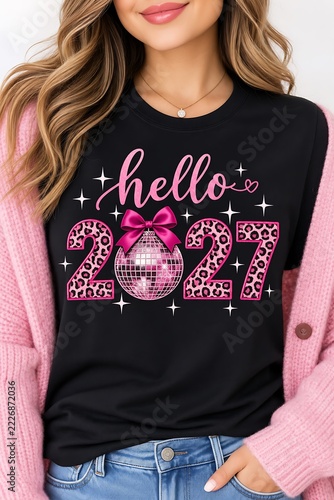 Hello 2027 New Year t-shirt design mockup, pink disco ball graphic apparel, trendy celebration wear