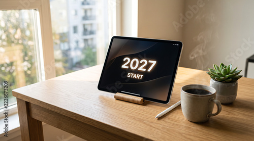 Digital Tablet Screen Displaying 2027 Start on Clean Wooden Desk