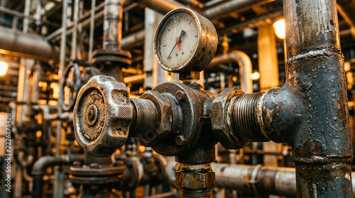 Close up of vintage pressure gauge and rusted valve in an industrial factory