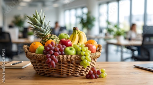A large wicker basket filled with various fresh colorful fruits sitting on a wooden office desk