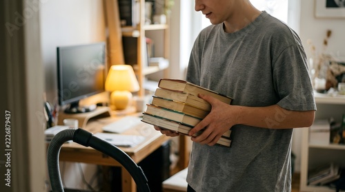 A man holding a stack of old vintage books in a cozy home office or library setting