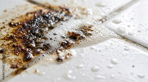 Grease stain dissolving on tile with foamy cleaner and water droplets showing household surface cleaning