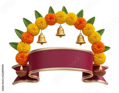 Diwali Marigold Garland With Bells, Oil Lamps and Decorative Ribbon For Festival Celebration