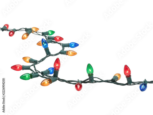 Colorful festive string lights glowing in dark wire design as isolated on transparent background