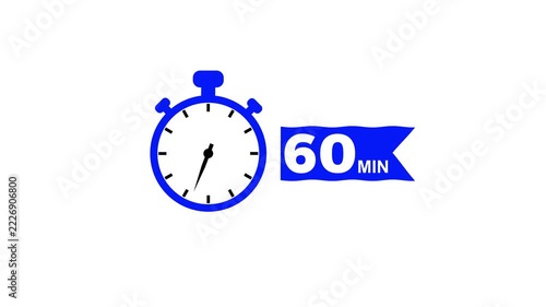 60 Min arrow clock icon animation. Stopwatch timer 60 minutes countdown clock animation on white screen with alpha channel.