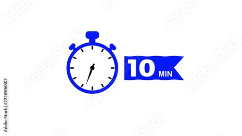 10 Min arrow clock icon animation. Stopwatch timer 10 minutes countdown clock animation on white screen with alpha channel.