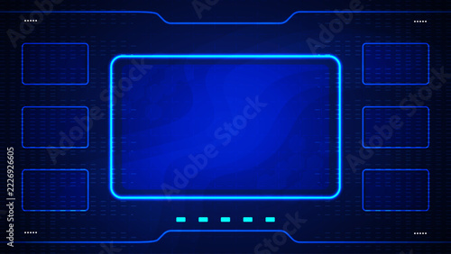 HUD interface technology frame background with futuristic neon blue glowing screen for digital UI UX dashboard design