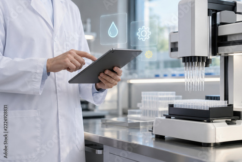 Scientist operating laboratory robot with tablet for automated liquid handling