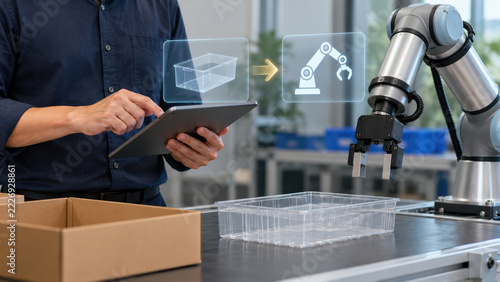 Industrial robot packaging automation with technician operating tablet in factory