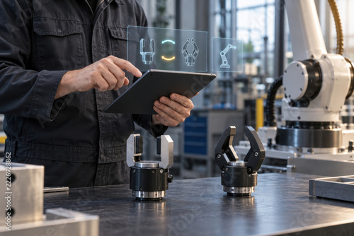 Technician operating industrial robot with tablet in automated factory