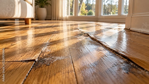 Cupped and buckled hardwood flooring warped by water damage in sunlit living room