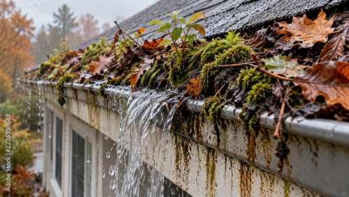 Rain gutters choked with autumn leaves moss and dark sludge along sagging roof edge
