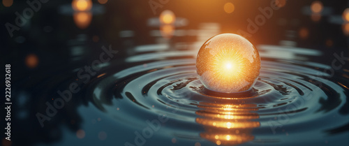 Glowing sphere of light above water ripples protection energy for science fiction illustrations wellness presentations and abstract design projects