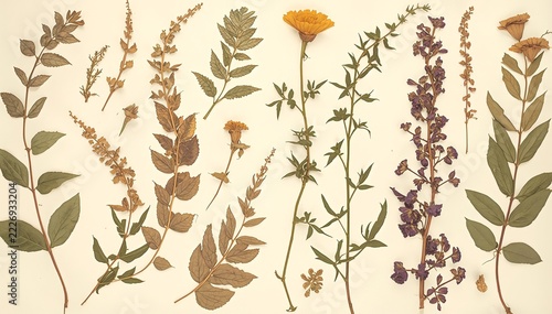 Assorted pressed dried flowers and green leaves herbarium collection