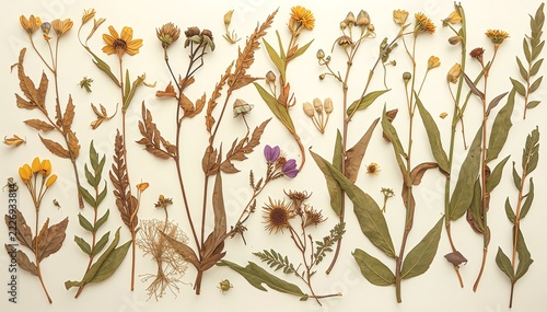 Assorted pressed dried flowers and green leaves herbarium collection