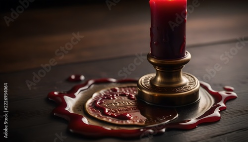 Brass wax seal stamp resting near melting red wax lit by a warm flickering candle flame