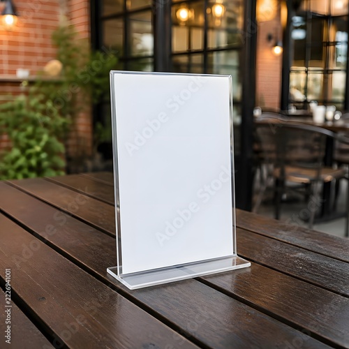 A vertical acrylic table tent sign holder standing on a dark wooden table in a cafe or restaurant, empty blank white paper insert inside for mockup, eye-level shot, shallow depth of field