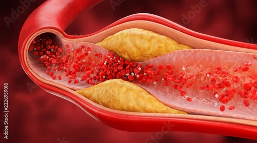 Human Artery with Cholesterol Plaque Buildup and Narrowed Flow 3D Medical Illustration for Healthcare Education and Science Presentation
