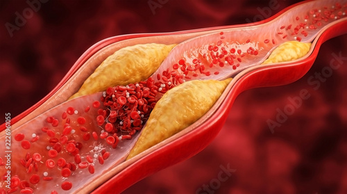 3D Medical Illustration of Cholesterol Plaque Buildup in Artery Blockage showing Red Cells for Heart Disease Medical Science Presentation.