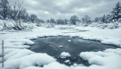 Freezing puddle. A puddle on a snow-covered road