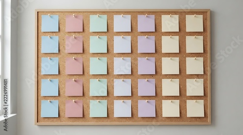 Office organization with colorful square notes push pins and cork