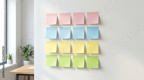 Office planning with colorful sticky notes paper squares and wall
