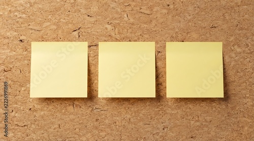 Office organization with three yellow sticky notes blank paper and