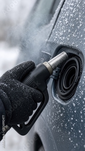 Gloved hand holding fuel nozzle beside frost covered vehicle in winter closeup