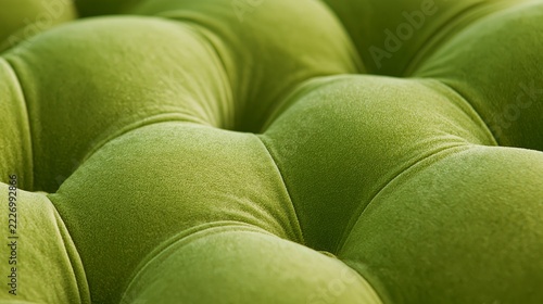Olive green velvet upholstery with deep button tufting, rounded cushions, soft folds, and luxurious textured surface in close-up furniture detail