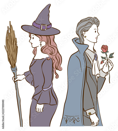 箒を持った魔女と一輪のバラの花を持ったドラキュラのイラスト