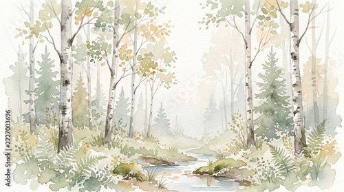 Serene Watercolor Landscape Depicting Tranquil Forest with Stream and Foliage