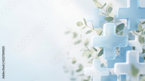 Soft Blue Medical Symbols with Green Leaves on Light Background for Health Themes