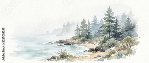 Serene Coastal Landscape with Misty Trees and Gentle Waves on Sandy Shoreline