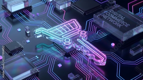 Digital commerce network shopping cart key on circuit board.