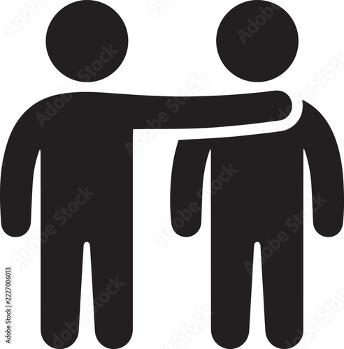 A black vector icon showing two people standing together with an arm around the shoulder depicting support, friendship, and partnership.