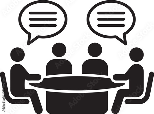 A vector illustration icon of business people sitting around a conference table with dialogue speech bubbles for strategy and group discussion.