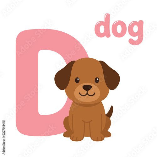 Cute letter D alphabet cartoon with brown puppy dog for kids learning