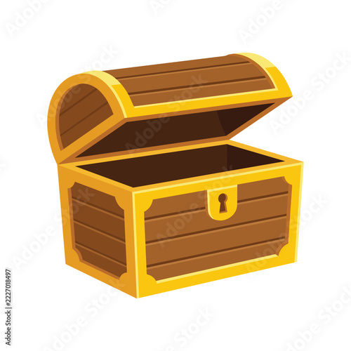 Open wooden treasure chest with gold metal trims and keyhole