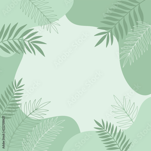 Green botanical frame with tropical leaves and abstract organic shapes