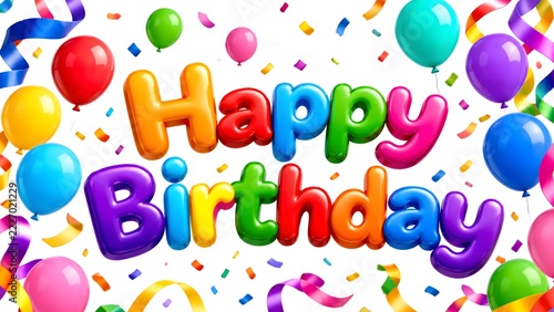 Colorful happy birthday lettering with balloons and confetti on a white background
