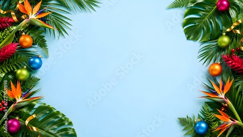 Tropical Christmas border with palm leaves colorful ornaments and blue copy space