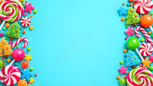 Colorful candy and lollipop border on a bright turquoise background with copy space