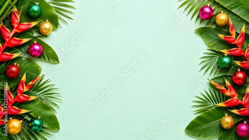 Fresh tropical green leaves and colorful ornaments framing a soft mint background
