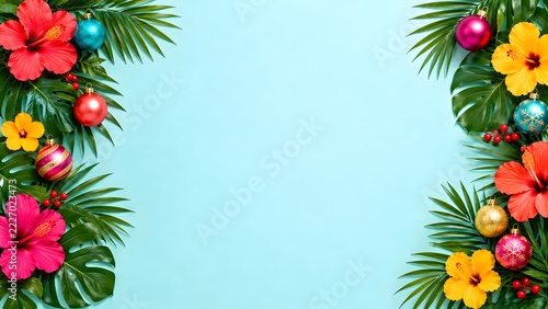 Bright tropical floral border with hibiscus flowers and palm leaves on a light blue background