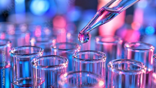 Glass pipette droplet above test tubes under vivid blue and pink laboratory l...