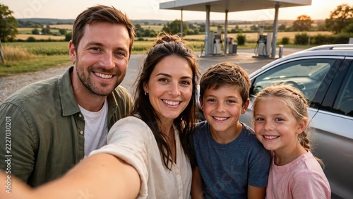 Smiling family taking selfie beside car at rural roadside gas station