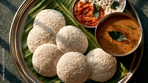 Soft steamed idlis with aromatic sambar and chutneys create a clean, authentic South Indian breakfast composition.