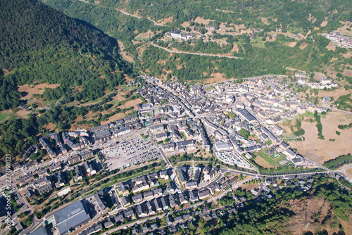 Bird;s eye view of Vielha town on sunny summer day. Lleida, Catalonia, Spain.